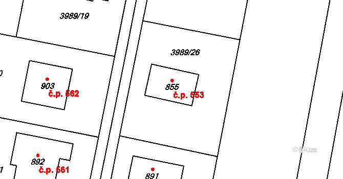 Lenešice 553 na parcele st. 855 v KÚ Lenešice, Katastrální mapa