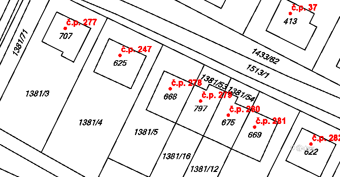 Příluky 278, Zlín na parcele st. 668 v KÚ Příluky u Zlína, Katastrální mapa