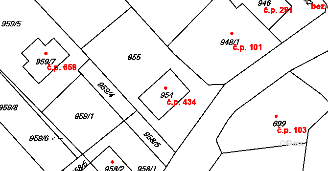 Štípa 434, Zlín na parcele st. 954 v KÚ Štípa, Katastrální mapa