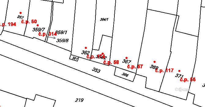 Kobeřice u Brna 58 na parcele st. 364/2 v KÚ Kobeřice u Brna, Katastrální mapa