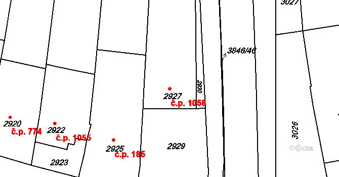 Kunovice 1058 na parcele st. 2927 v KÚ Kunovice u Uherského Hradiště, Katastrální mapa