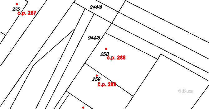 Velim 288 na parcele st. 250 v KÚ Velim, Katastrální mapa