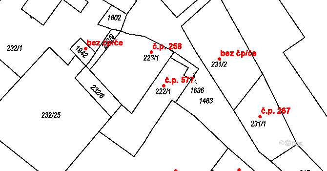 Kostelec nad Labem 577 na parcele st. 222/1 v KÚ Kostelec nad Labem, Katastrální mapa