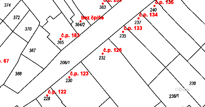 Hrušky 126 na parcele st. 232 v KÚ Hrušky, Katastrální mapa