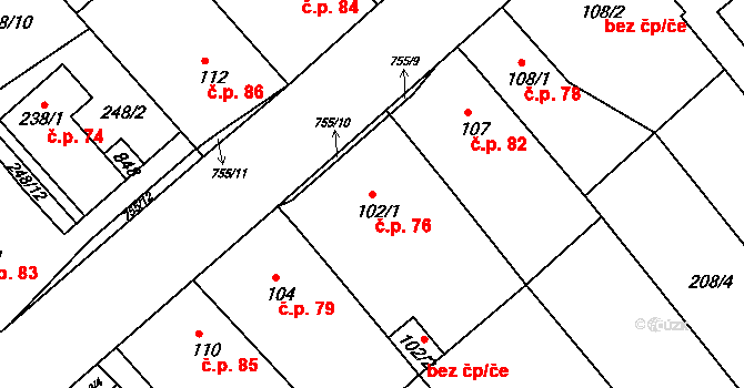 Jarohněvice 76 na parcele st. 102/1 v KÚ Jarohněvice, Katastrální mapa
