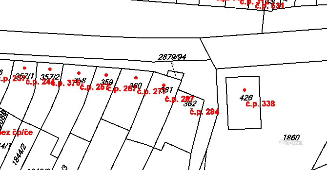 Bystřice pod Hostýnem 287 na parcele st. 361 v KÚ Bystřice pod Hostýnem, Katastrální mapa