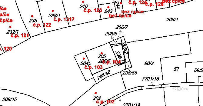 Holešov 104 na parcele st. 205 v KÚ Holešov, Katastrální mapa