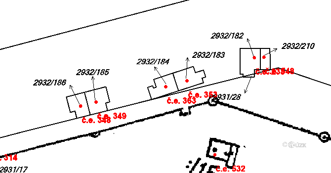 Lančov 363 na parcele st. 2932/184 v KÚ Lančov, Katastrální mapa