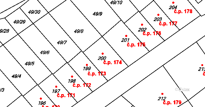 Přerov XI-Vinary 174, Přerov na parcele st. 200 v KÚ Vinary u Přerova, Katastrální mapa