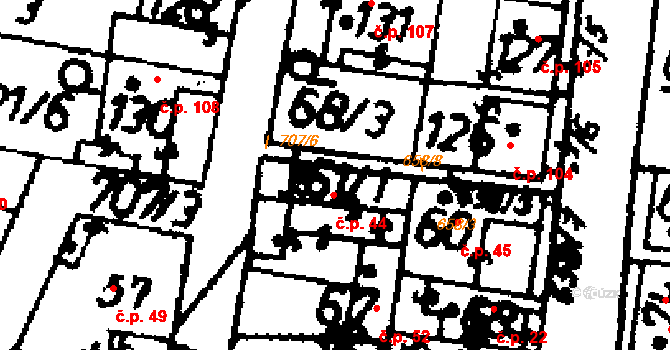 Klobuky 44 na parcele st. 61/1 v KÚ Klobuky, Katastrální mapa