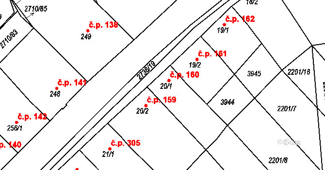 Milotice 160 na parcele st. 20/1 v KÚ Milotice u Kyjova, Katastrální mapa