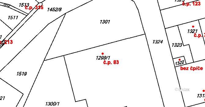 Libušín 83 na parcele st. 1299/1 v KÚ Libušín, Katastrální mapa