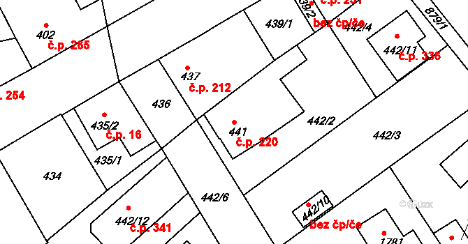 Jirny 220 na parcele st. 441 v KÚ Jirny, Katastrální mapa