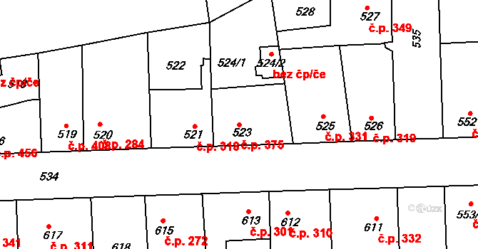 Švermov 375, Kladno na parcele st. 523 v KÚ Motyčín, Katastrální mapa