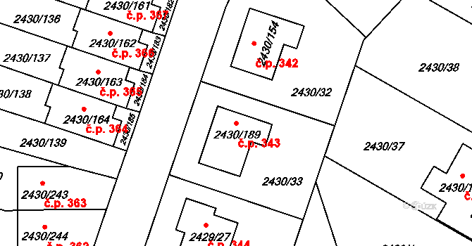 Dačice V 343, Dačice na parcele st. 2430/189 v KÚ Dačice, Katastrální mapa