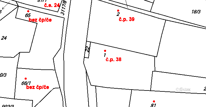 Damnov 38, Bor na parcele st. 1 v KÚ Damnov, Katastrální mapa