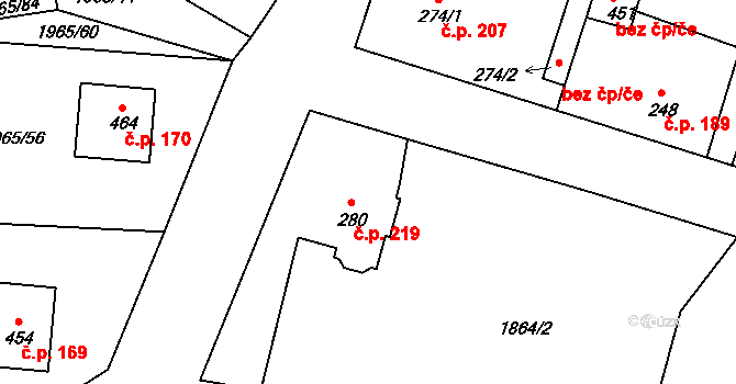 Přimda 219 na parcele st. 280 v KÚ Přimda, Katastrální mapa