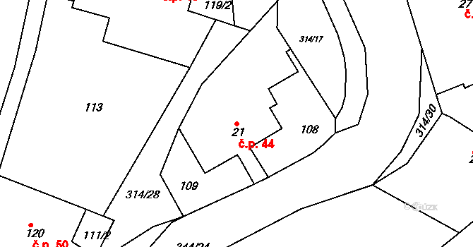 Chlum 44, Všestary na parcele st. 21 v KÚ Chlum u Hradce Králové, Katastrální mapa