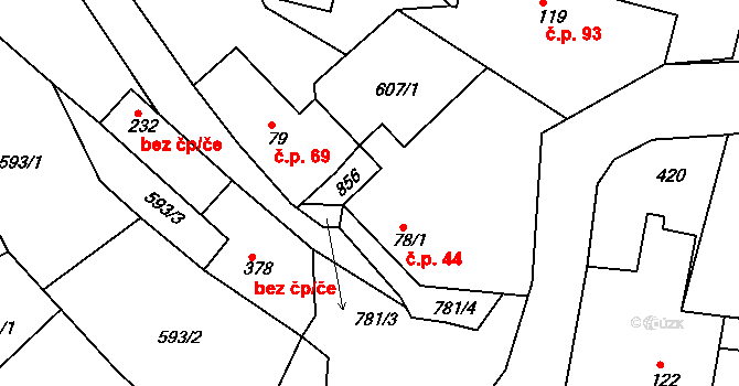Broumy 44 na parcele st. 78/1 v KÚ Broumy, Katastrální mapa
