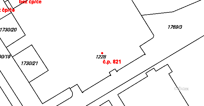 Uničov 821 na parcele st. 1228 v KÚ Uničov, Katastrální mapa