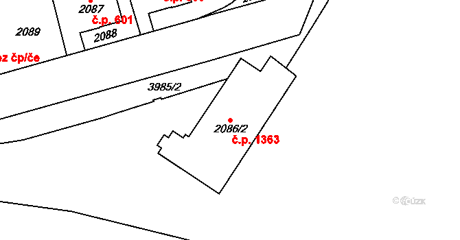 Nová Paka 1363 na parcele st. 2086/2 v KÚ Nová Paka, Katastrální mapa