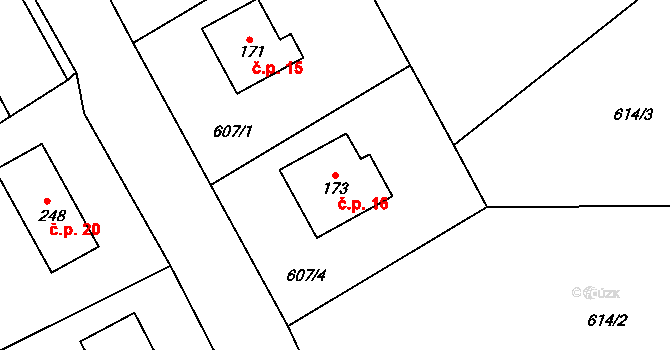 Dolánky 16, Dřevěnice na parcele st. 173 v KÚ Dřevěnice, Katastrální mapa