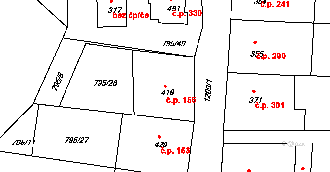 Rouchovany 156 na parcele st. 419 v KÚ Rouchovany, Katastrální mapa