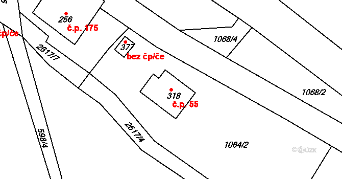 Oldřiš 55 na parcele st. 318 v KÚ Oldřiš u Poličky, Katastrální mapa