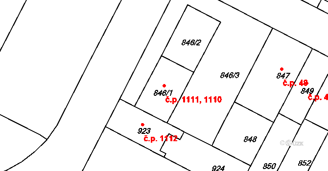 Černá Pole 1110,1111, Brno na parcele st. 846/1 v KÚ Černá Pole, Katastrální mapa