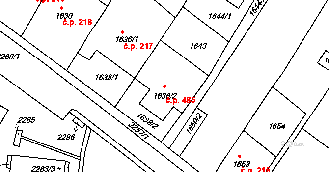 Pisárky 485, Brno na parcele st. 1636/2 v KÚ Pisárky, Katastrální mapa