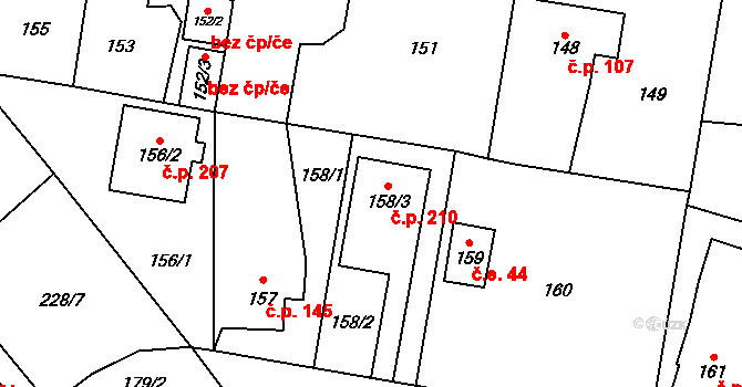 Čelkovice 210, Tábor na parcele st. 158/3 v KÚ Čelkovice, Katastrální mapa