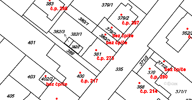 Sobědruhy 273, Teplice na parcele st. 381 v KÚ Sobědruhy, Katastrální mapa