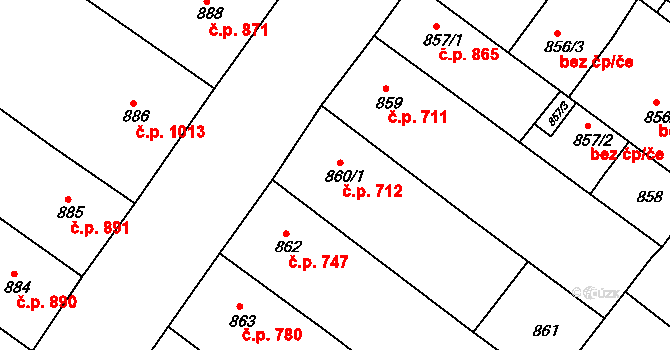 Teplice 712 na parcele st. 860/1 v KÚ Teplice, Katastrální mapa