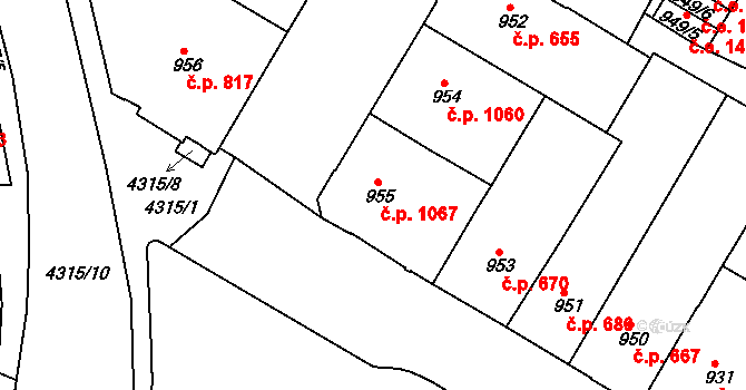 Teplice 1067 na parcele st. 955 v KÚ Teplice, Katastrální mapa