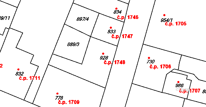 Nový Bydžov 1748 na parcele st. 928 v KÚ Nový Bydžov, Katastrální mapa