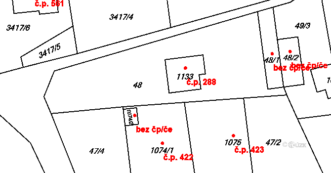 Hošťálková 288 na parcele st. 1133 v KÚ Hošťálková, Katastrální mapa