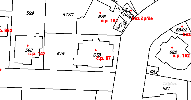 Podolí 57, Praha na parcele st. 678 v KÚ Podolí, Katastrální mapa