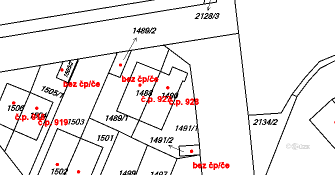 Střešovice 928, Praha na parcele st. 1490 v KÚ Střešovice, Katastrální mapa