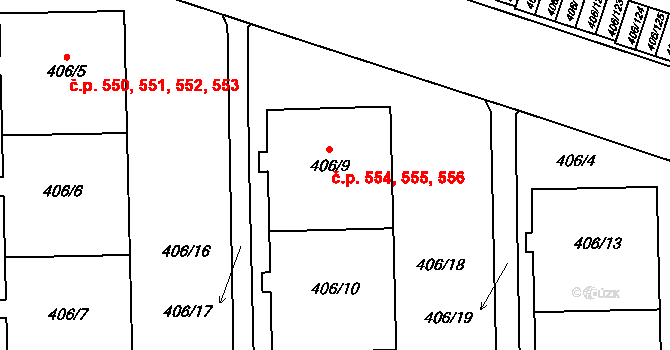 Letňany 554,555,556, Praha na parcele st. 406/9 v KÚ Letňany, Katastrální mapa