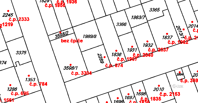 Hodonín 874 na parcele st. 2289 v KÚ Hodonín, Katastrální mapa