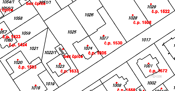 Chomutov 1505 na parcele st. 1024 v KÚ Chomutov I, Katastrální mapa