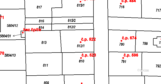 Střelice 522 na parcele st. 812/1 v KÚ Střelice u Brna, Katastrální mapa