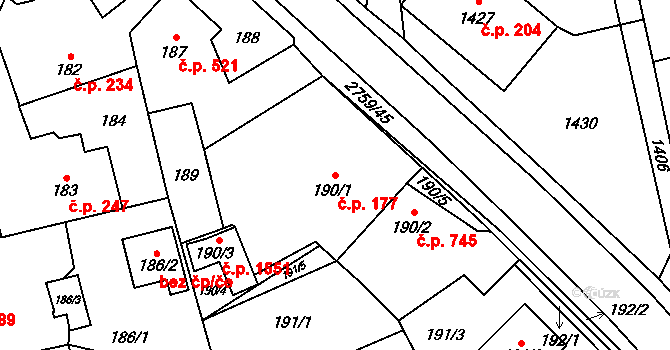 Kylešovice 177, Opava na parcele st. 190/1 v KÚ Kylešovice, Katastrální mapa