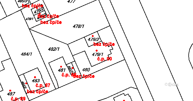 Hradiště 90, Plzeň na parcele st. 479/1 v KÚ Hradiště u Plzně, Katastrální mapa