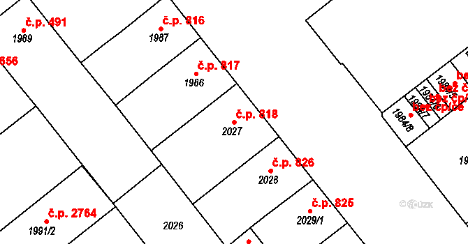 Východní Předměstí 818, Plzeň na parcele st. 2027 v KÚ Plzeň, Katastrální mapa