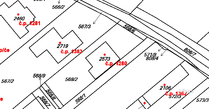 Neratovice 1280 na parcele st. 2573 v KÚ Neratovice, Katastrální mapa