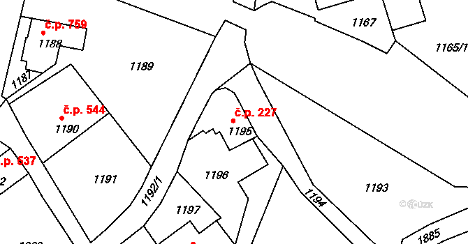 Šluknov 227 na parcele st. 1195 v KÚ Šluknov, Katastrální mapa