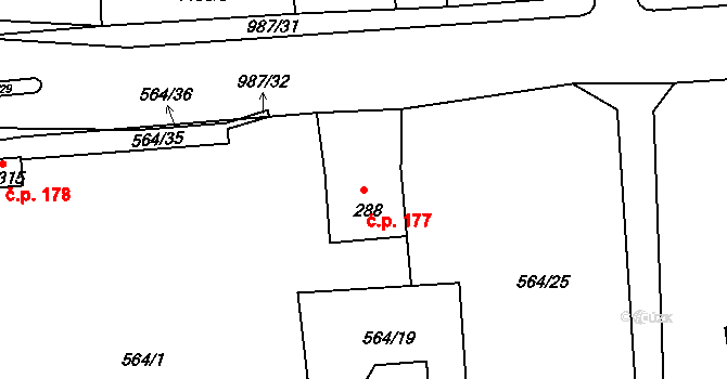 Modrá 177, Jílové na parcele st. 288 v KÚ Modrá u Děčína, Katastrální mapa