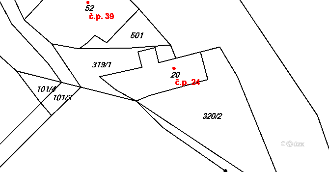 Poutnov 24, Teplá na parcele st. 20 v KÚ Popovice u Poutnova, Katastrální mapa