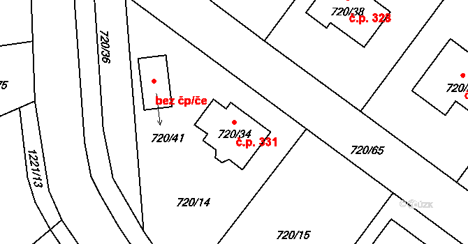 Semice 331 na parcele st. 720/34 v KÚ Semice nad Labem, Katastrální mapa